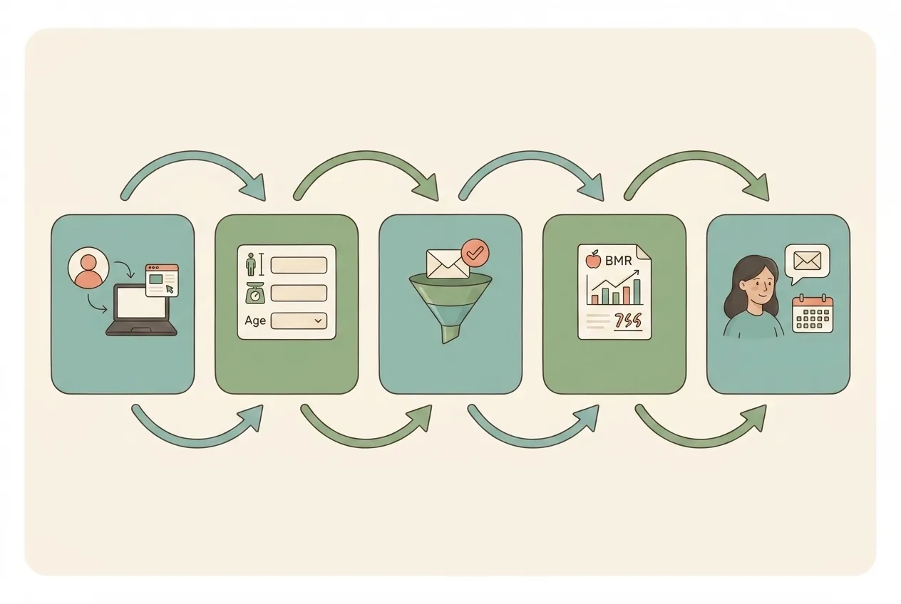 Five step flow showing how a BMR calculator turns a visitor into a nutrition coaching lead