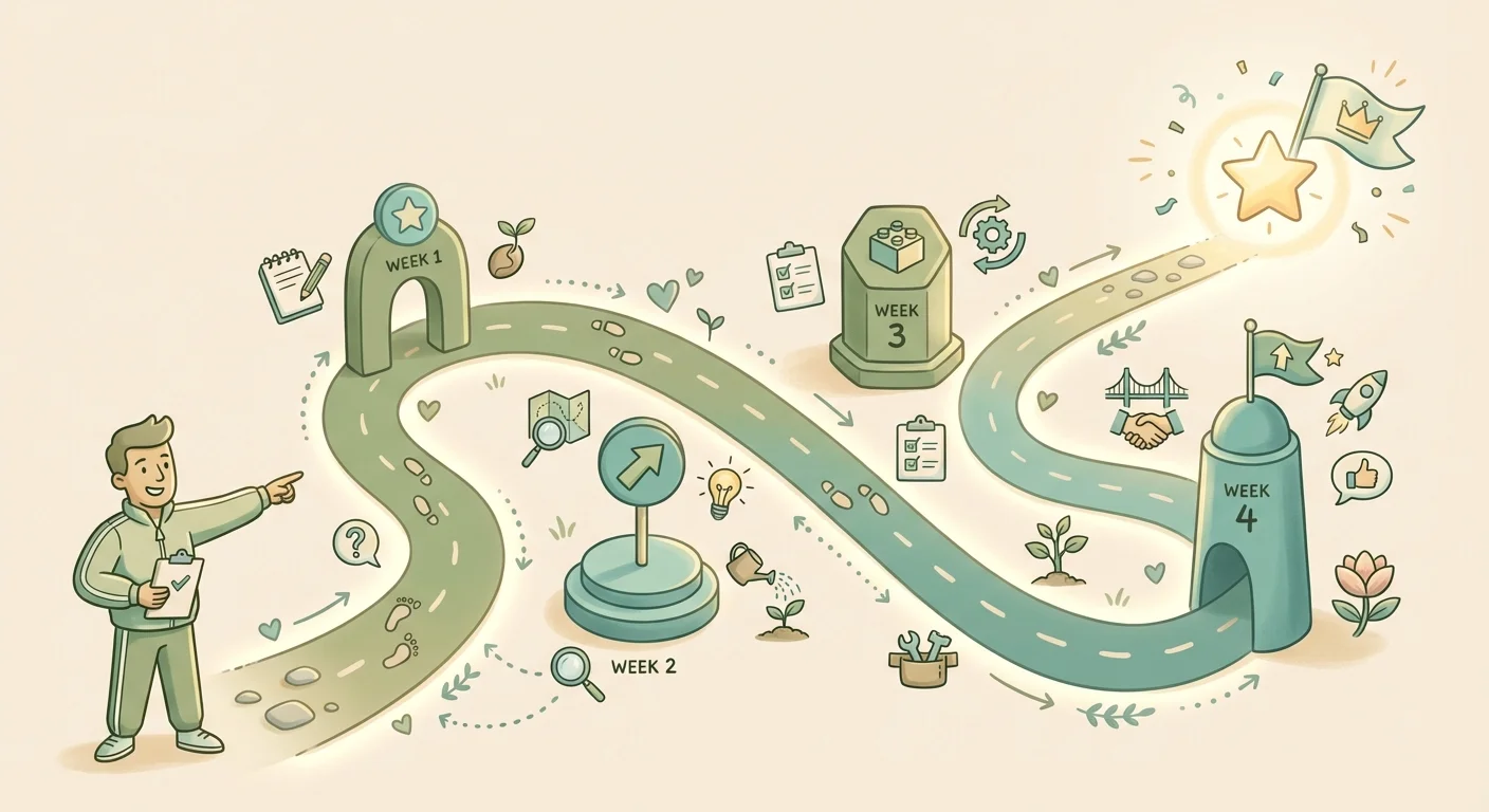 30-day roadmap with 4 weekly milestones leading to success