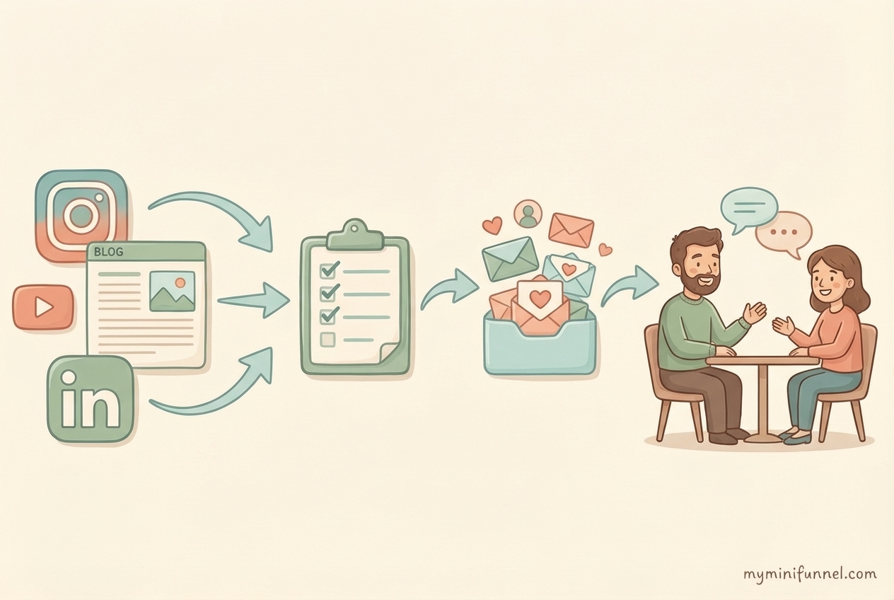 Content to client pipeline showing flow from social media to quiz to email list to coaching session