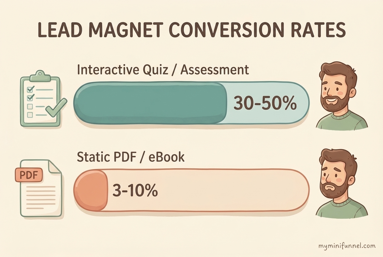Lead magnet conversion rates comparison showing quizzes at 30-50% versus PDFs at 3-10%