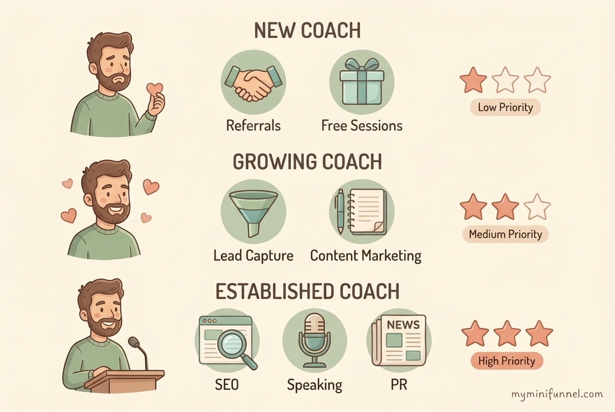 Strategy guide showing best client acquisition approaches for new, growing, and established coaches