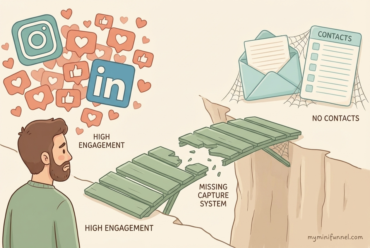 The visibility trap for coaches showing broken bridge between social media engagement and email contacts