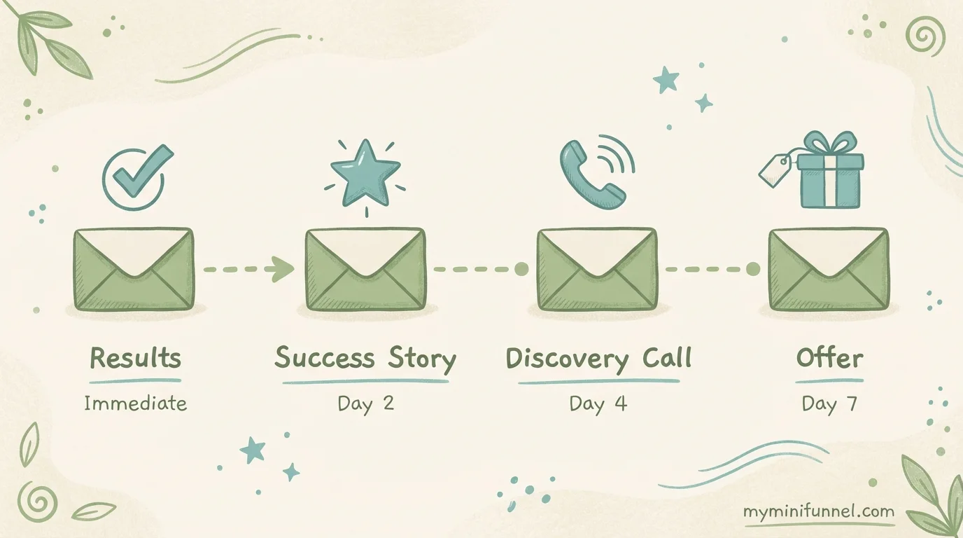 Email sequence timeline: Results, Success Story, Discovery Call, Offer