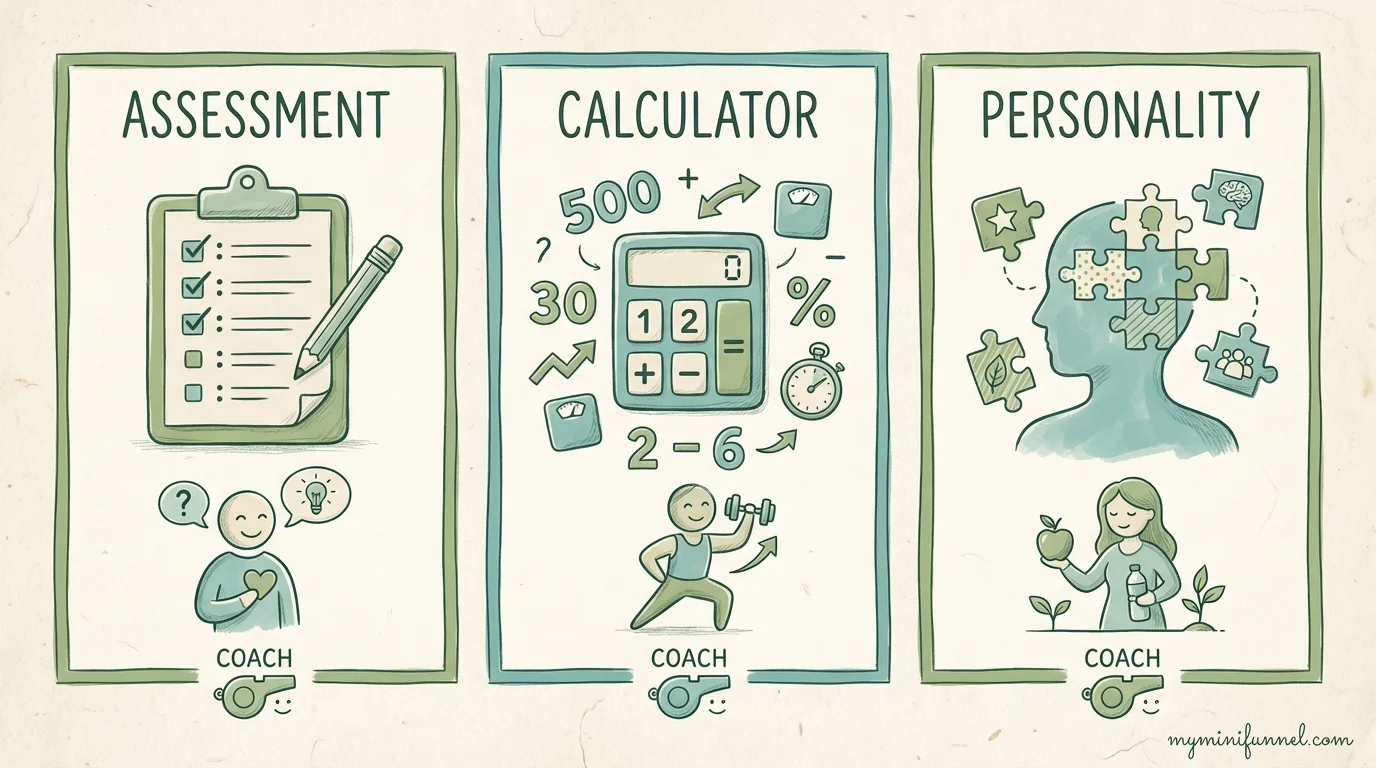 Three quiz types for coaches: Assessment, Calculator, and Personality