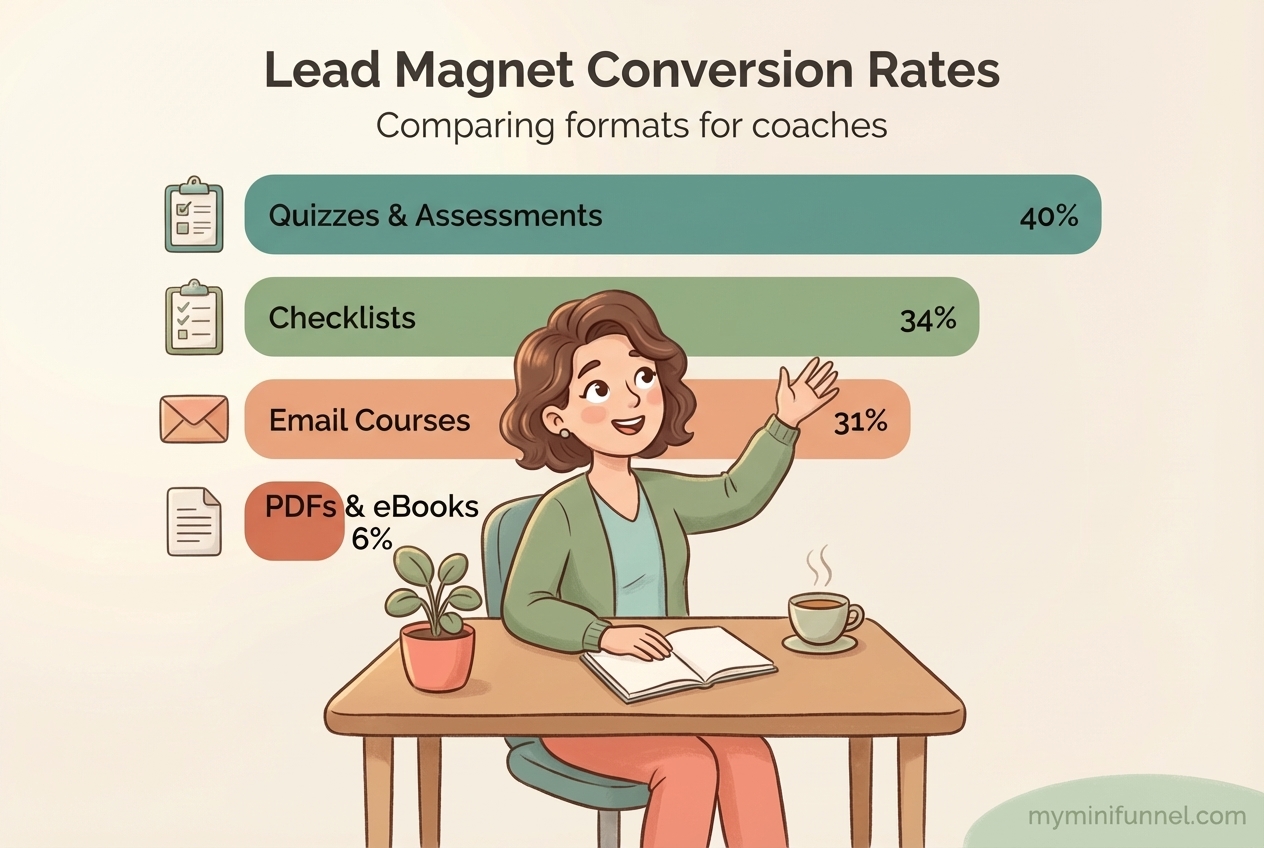 Bar chart comparing conversion rates of quizzes at 30-50% versus PDFs at 3-10% for coaching lead magnets