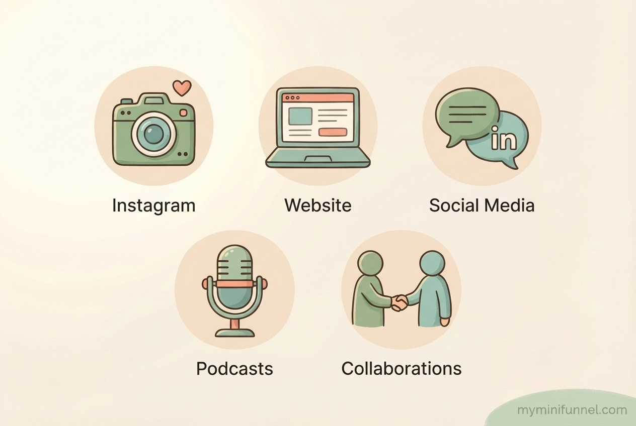 Five promotion channels for coaching lead magnets: Instagram, website, social media, podcasts, and collaborations