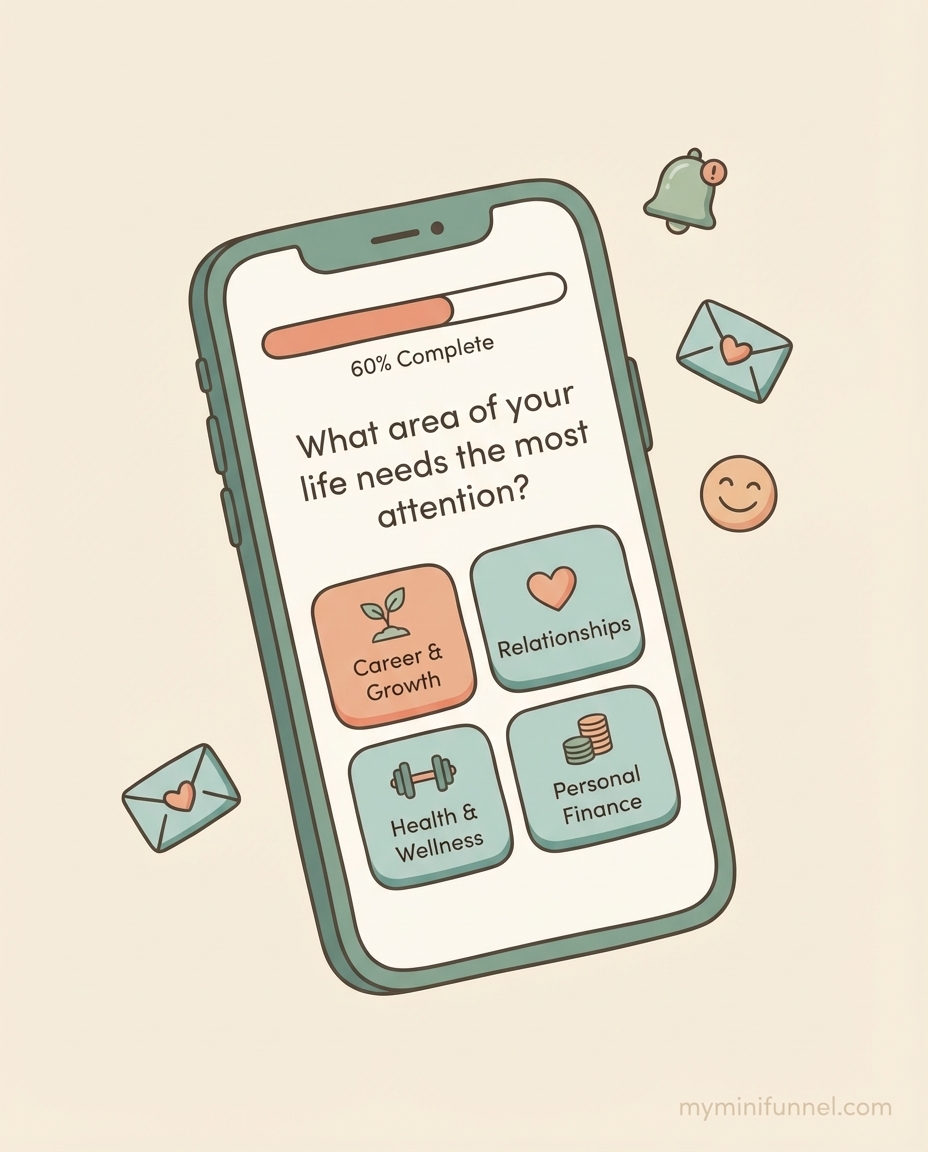 Smartphone displaying an interactive coaching quiz with multiple choice answers and progress bar