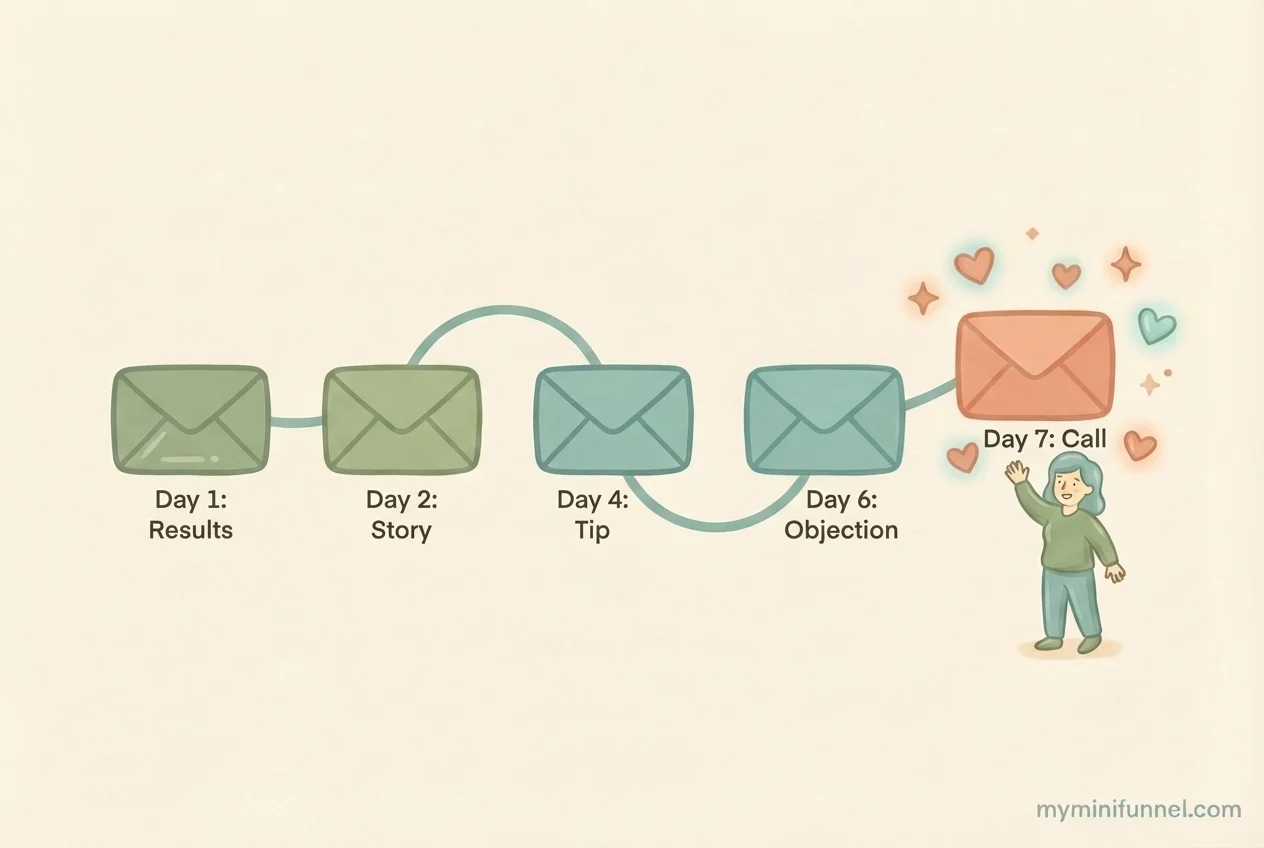 Timeline showing 7-day email follow-up sequence from sending results to booking a discovery call