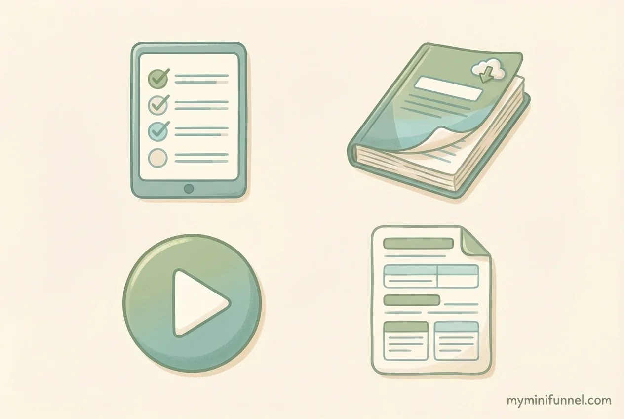 Different types of lead magnets for coaches - checklists, PDF guides, video trainings, and templates