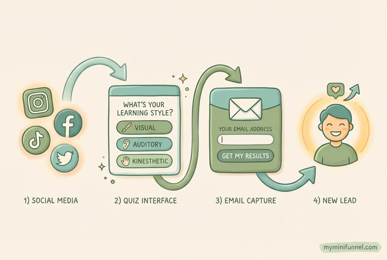 How an interactive lead magnet works: visitor arrives, answers questions, enters email, sees results, receives follow-up emails