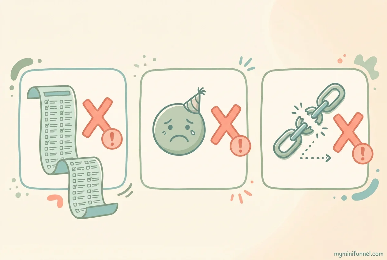 Common lead capture mistakes: too many questions, generic results, no follow-up sequence, trying to segment too many ways, making it feel like an exam, forgetting mobile experience