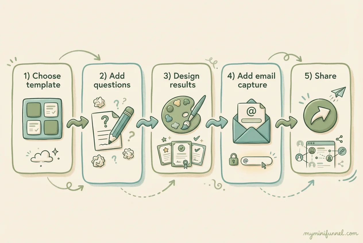 How to create a lead generation quiz: choose quiz type, write questions, create results, add email capture, connect email tool, promote on social media