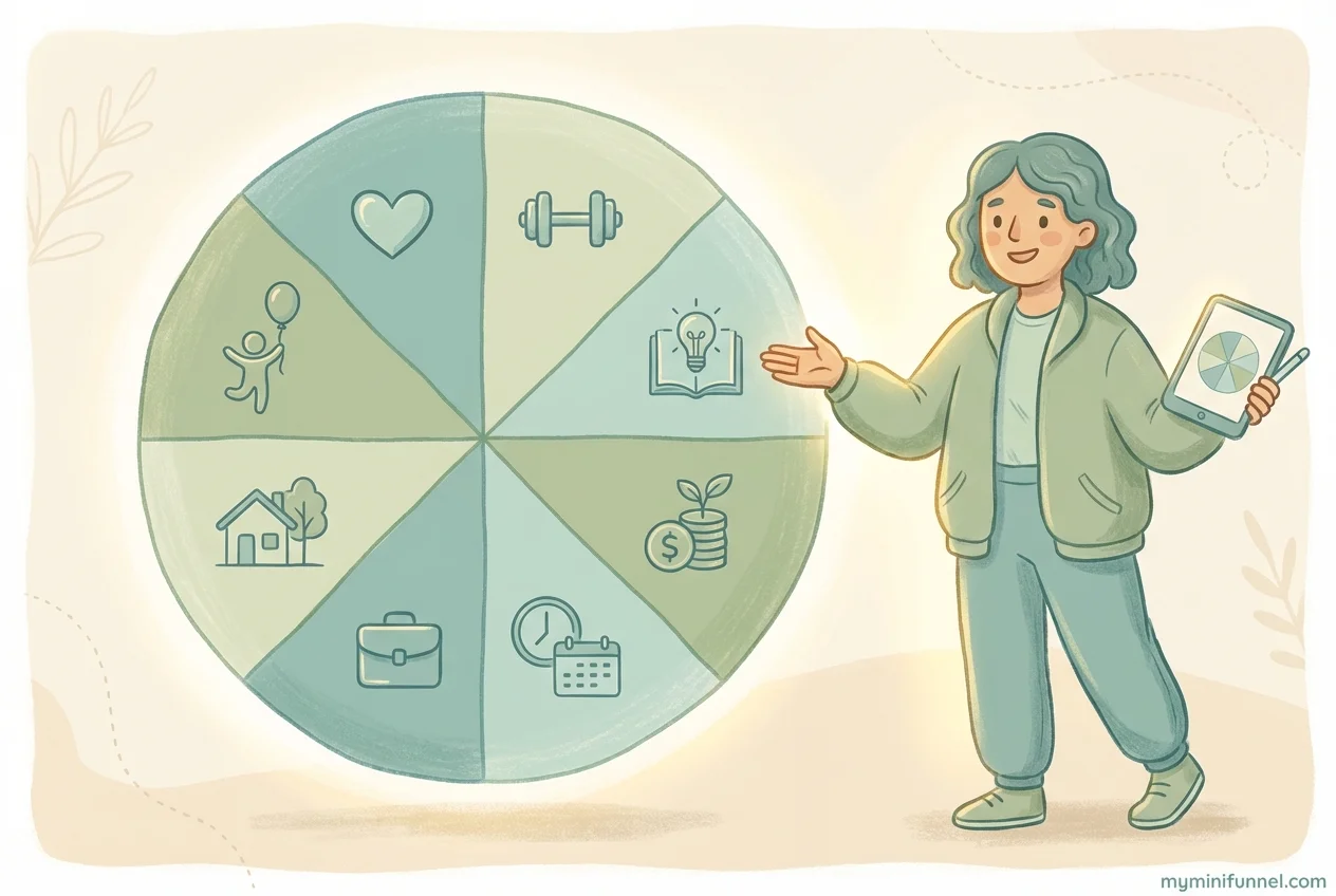 Wheel of Life Assessment illustration showing a coach presenting the 8-section life balance wheel