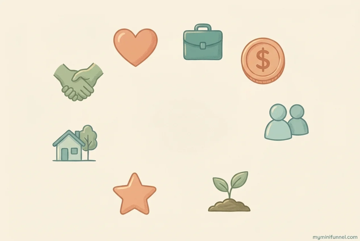 Visual icons representing the 8 Wheel of Life categories - health, career, money, relationships, growth, fun, environment, and community