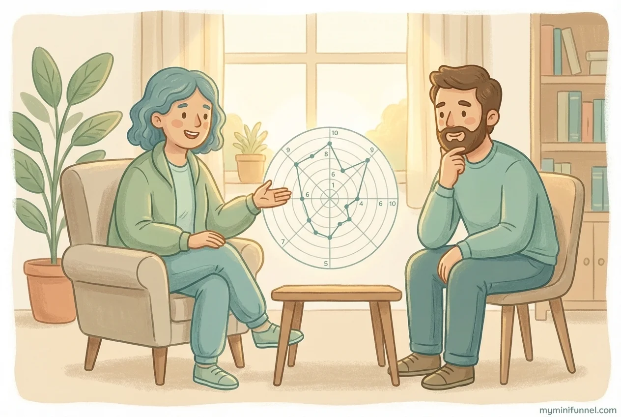 Illustration of a coach and client having a coaching conversation with a Wheel of Life diagram between them