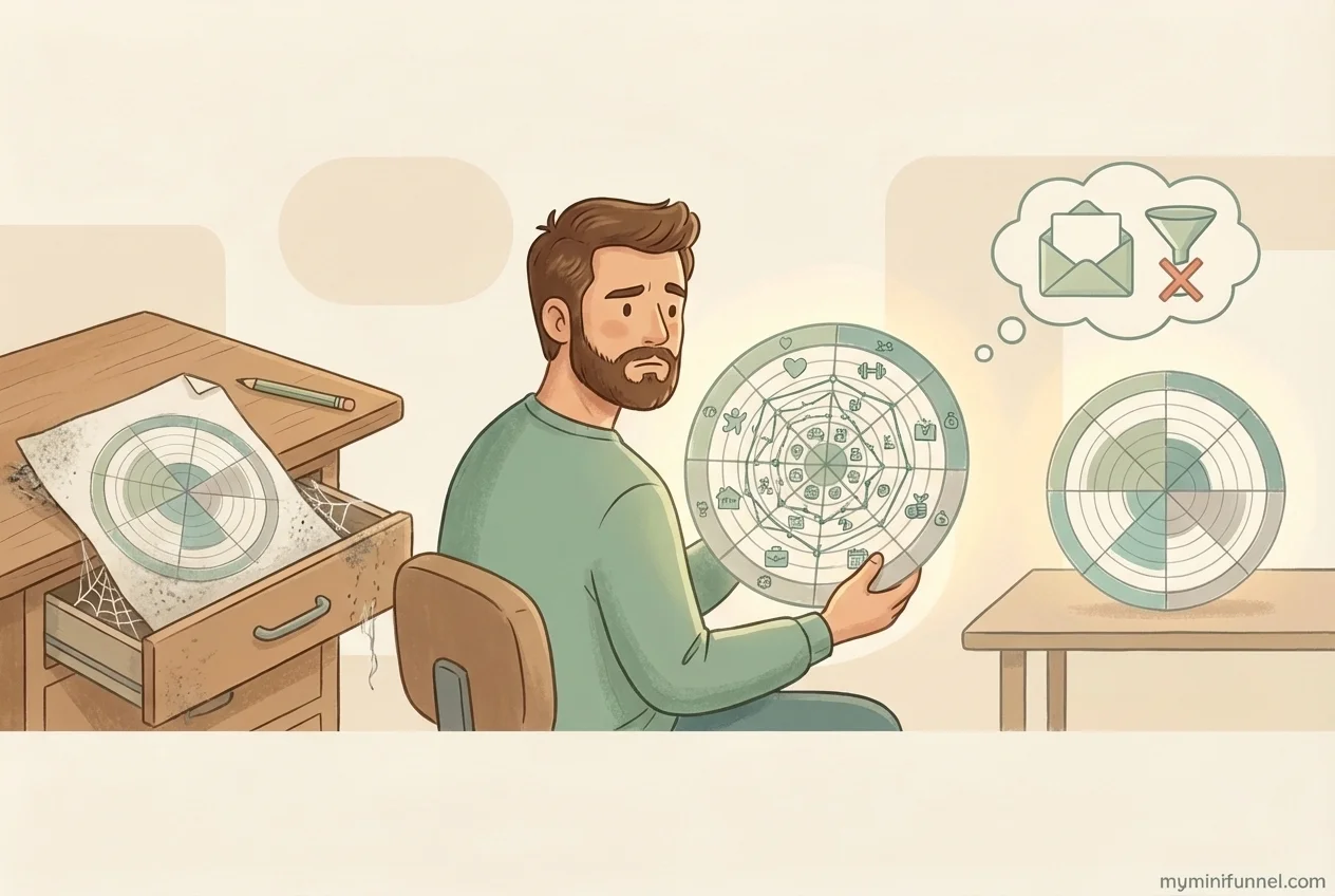 Illustration showing common Wheel of Life mistakes - using it once and forgetting, making it too complicated, missing lead generation