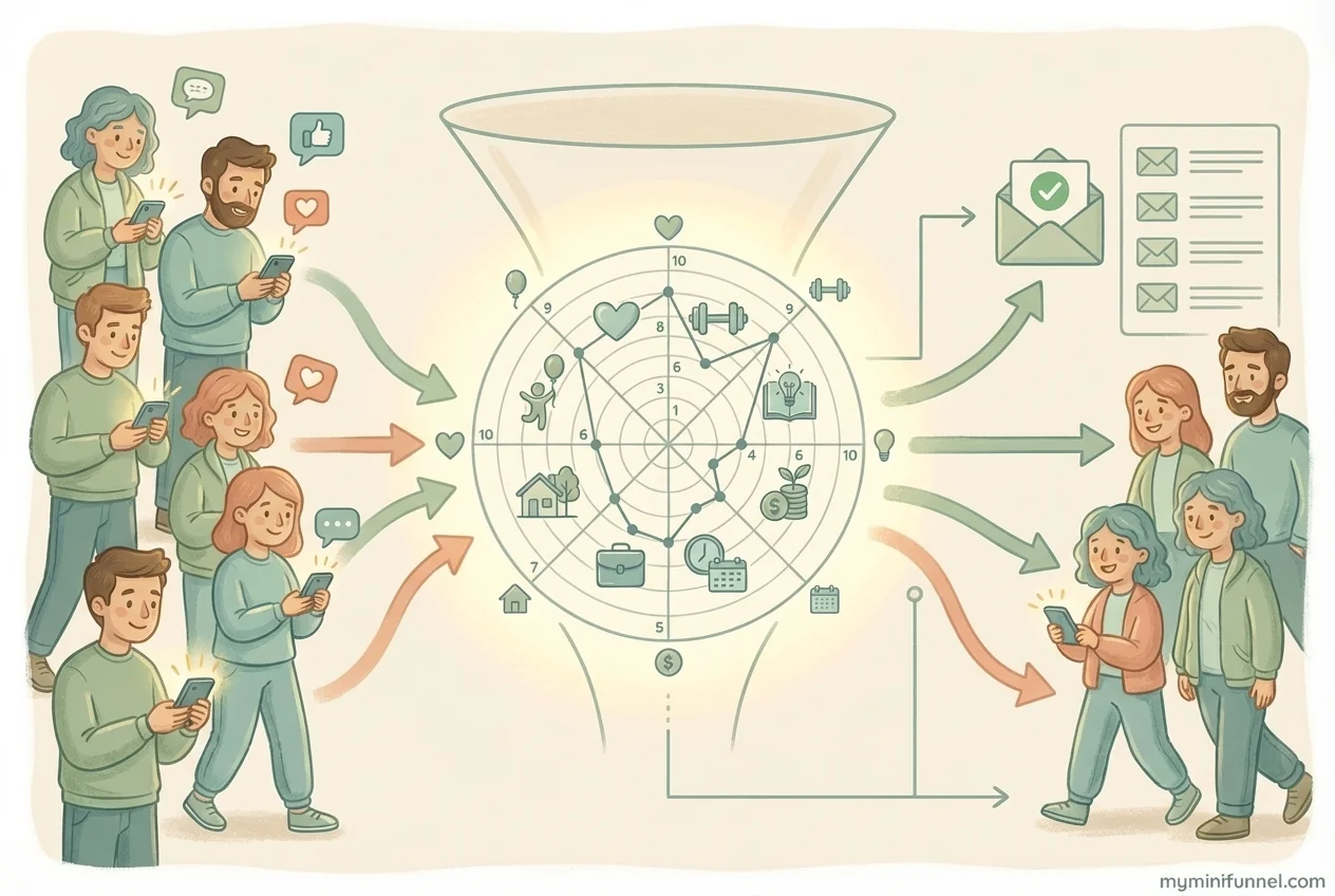 Funnel illustration showing social media followers converting through a Wheel of Life quiz into email subscribers