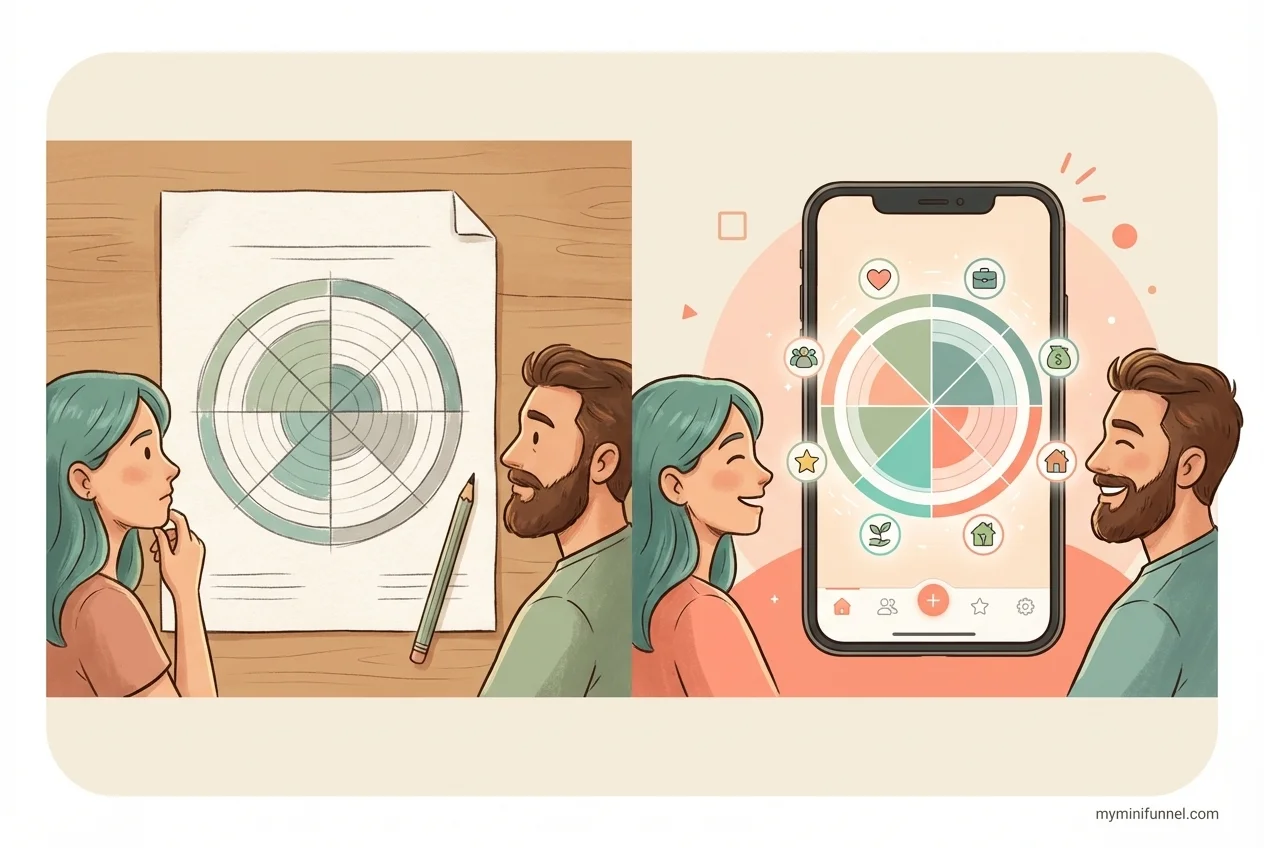 Side-by-side comparison of paper Wheel of Life worksheet versus interactive digital version on smartphone