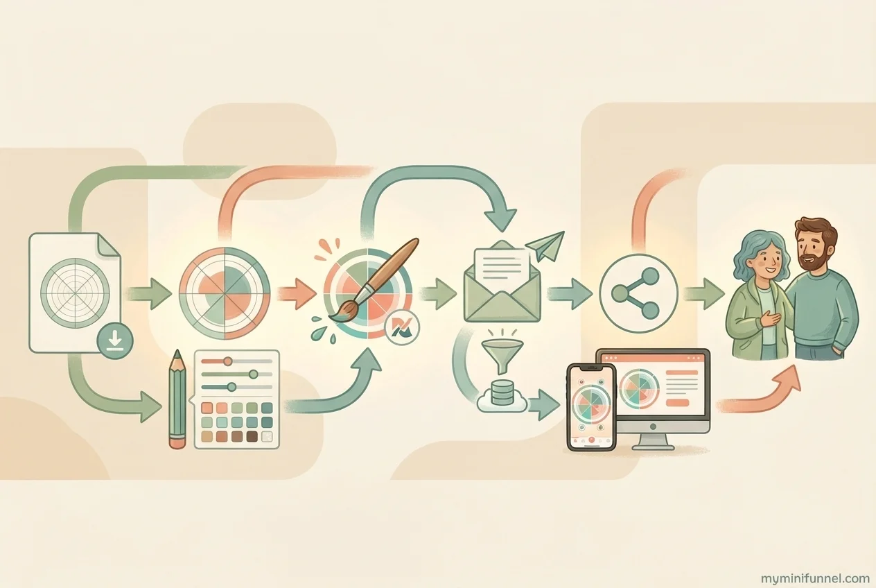 5-step process flow showing how to set up a Wheel of Life lead magnet - template, customize, brand, connect email, share