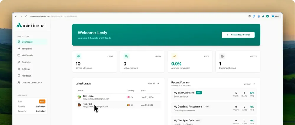My Mini Funnel app dashboard
